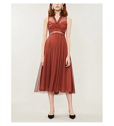 Shop Sandro Frilled Embroidered Tulle Dress In Rust