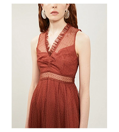 Shop Sandro Frilled Embroidered Tulle Dress In Rust