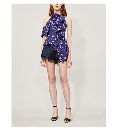 Shop Self-portrait One-shoulder Ruffled Floral-print Satin Top In Navy