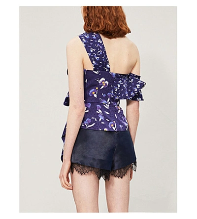 Shop Self-portrait One-shoulder Ruffled Floral-print Satin Top In Navy