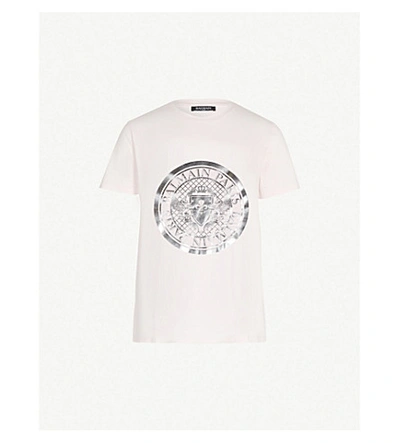 Shop Balmain Metallic Logo Coin-print Cotton-jersey T-shirt In Rose Pale Argent