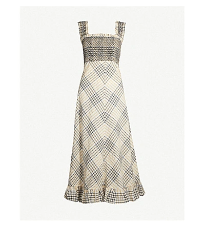 Shop Ganni Checked Shirred-bodice Seersucker Midi Dress In Irish Cream