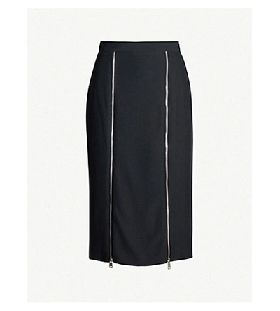 Shop Alexander Mcqueen Zipped Fitted Crepe Midi Skirt In Black