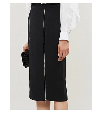 Shop Alexander Mcqueen Zipped Fitted Crepe Midi Skirt In Black