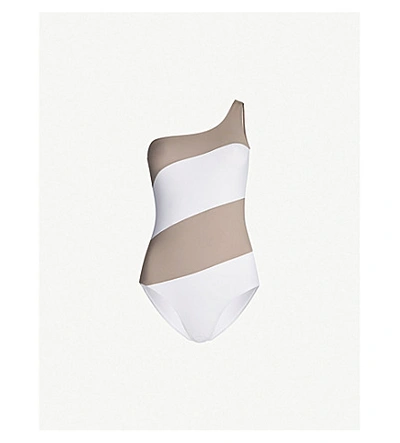 Shop Alexandra Miro Rita One-shoulder Striped Swimsuit In Mink White Stripes