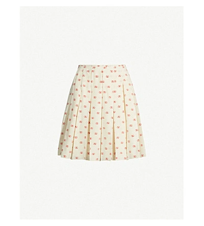 Shop Valentino Logo-print Pleated Silk Skirt In Ivory Red