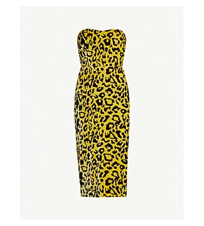 Shop Alex Perry Nolan Leopard-print Strapless Velvet Mini Dress In Yellow / Black