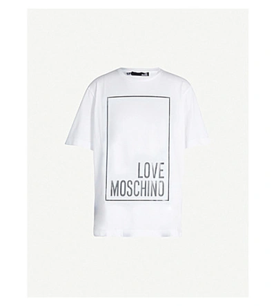 Shop Love Moschino Lamé Logo-print Cotton-jersey T-shirt In White