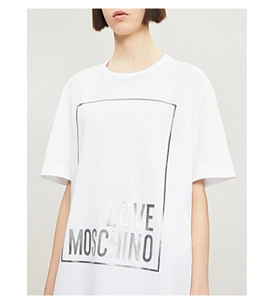 Shop Love Moschino Lamé Logo-print Cotton-jersey T-shirt In White