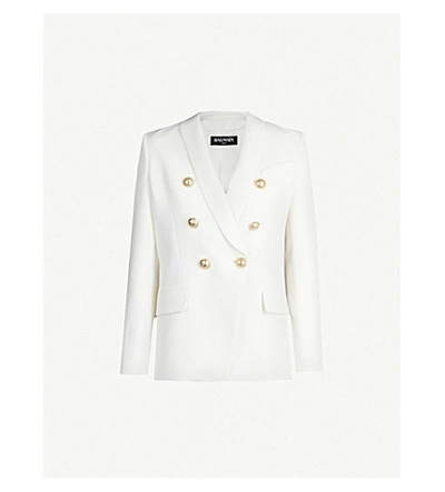 Shop Balmain Double-breasted Wool Blazer In White