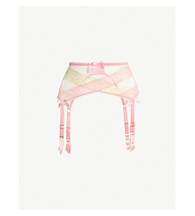 Shop Agent Provocateur Lace And Mesh Suspender Belt In Pink/mint