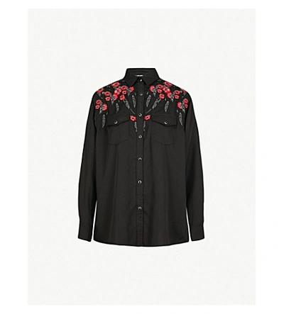 Shop The Kooples Floral-embroidered Crepe Shirt In Bla01