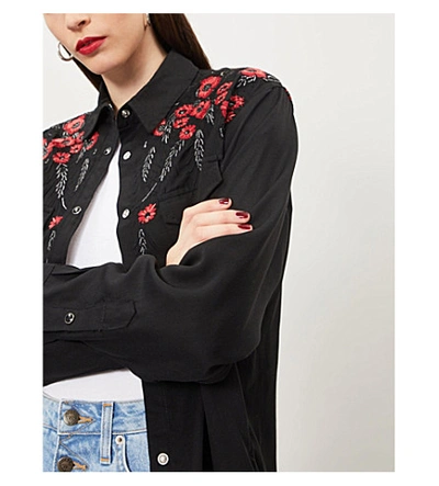 Shop The Kooples Floral-embroidered Crepe Shirt In Bla01