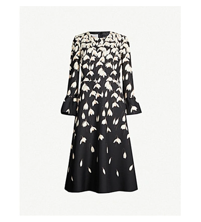 Shop Valentino Flared-cuff Floral-print Wool And Silk-blend Midi Dress In Black Multi