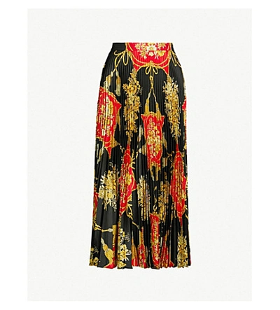Shop Gucci Floral-pattern Silk Midi Skirt In Red Black Print