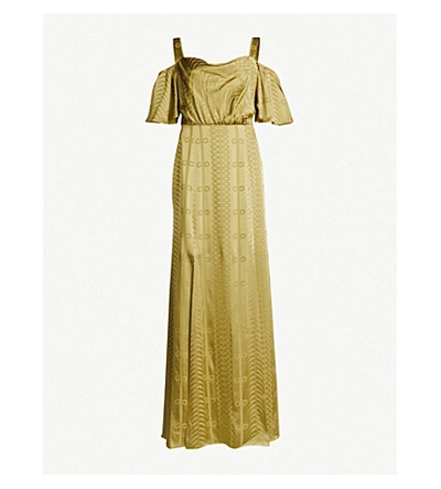 Shop Temperley London Erika Cold-shoulder Satin-jacquard Maxi Dress In Lemongrass