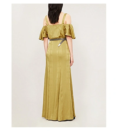 Shop Temperley London Erika Cold-shoulder Satin-jacquard Maxi Dress In Lemongrass