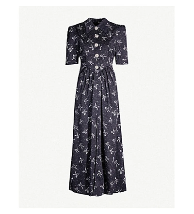 Shop Alessandra Rich Bow-print Flared-skirt Silk-jacquard Maxi Dress In Blue