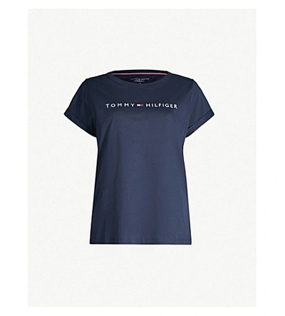 Shop Tommy Hilfiger Logo-print Cotton-blend Jersey T-shirt In 416 Navy Blazer
