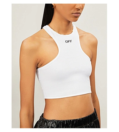 Shop Off-white Branded Cropped Stretch-cotton Top In White Black