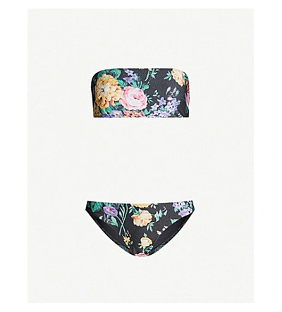 Shop Zimmermann Allia Floral-print High-leg Bandeau Bikini In Black Floral