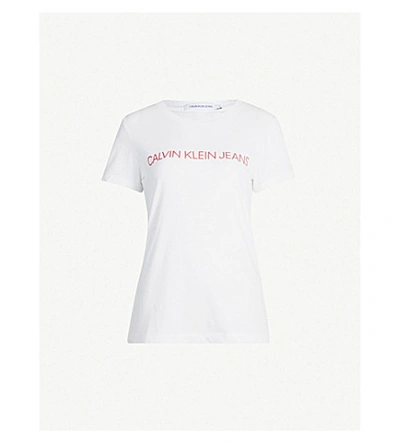 Shop Calvin Klein Logo-print Cotton-jersey T-shirt In B White Barbados Cherry