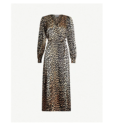 Shop Ganni V-neck Bishop-sleeve Animal-print Stretch-silk Midi Dress In Leopard