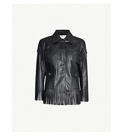 Shop Sandro Fringed Leather Jacket In Black