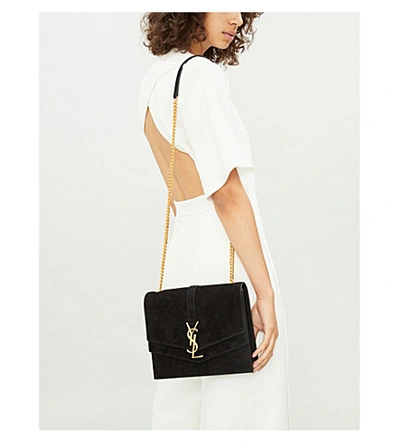 Shop Saint Laurent Black Logo Print Sulpice Suede Shoulder Bag