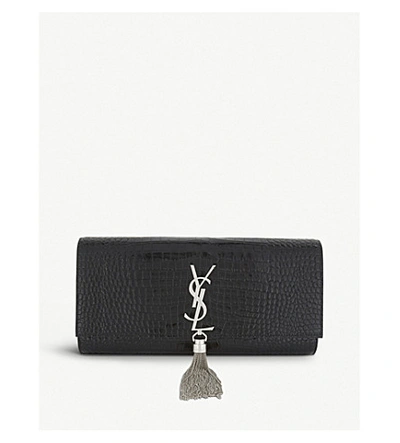 Shop Saint Laurent Kate Tassel Crocodile-embossed Leather Clutch In Black Silver