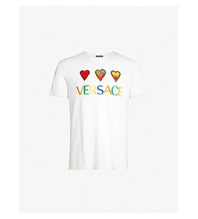 Shop Versace Branded Cotton-jersey T-shirt In Bianco