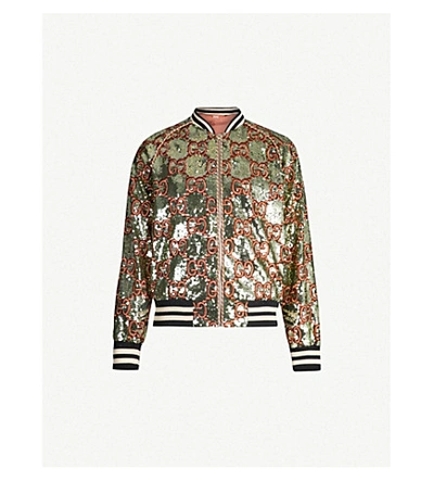 Shop Gucci Logo-embroidered Sequinned Bomber Jacket In Green Orange