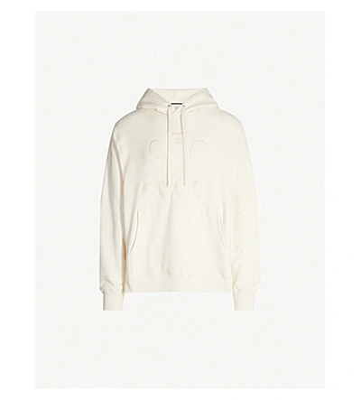 Shop Gucci Logo-embroidered Cotton-jersey Hoody In Natural