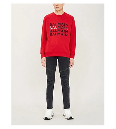 Shop Balmain Metallic Logo-print Cotton-jersey Sweatshirt In Red