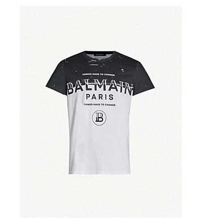 Shop Balmain Two-tone Logo-print Cotton-jersey T-shirt In Noir Blanc