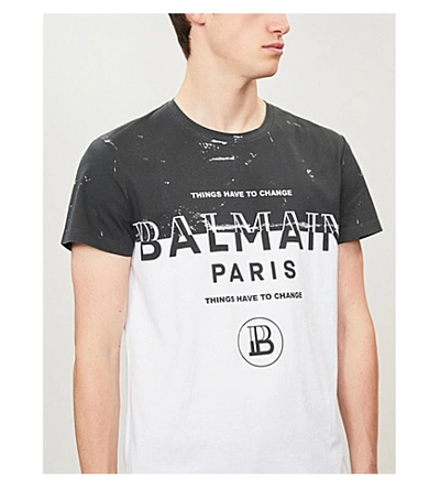 Shop Balmain Two-tone Logo-print Cotton-jersey T-shirt In Noir Blanc