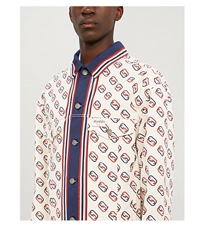 Shop Gucci Logo-print Denim Jacket In Ivory Multi