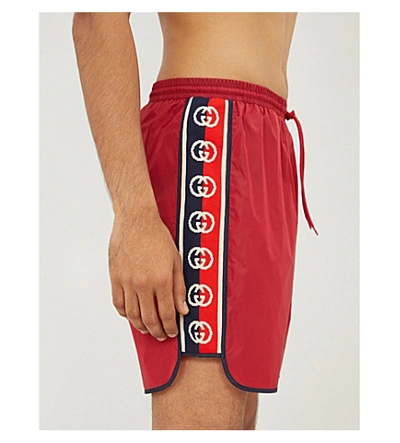 Shop Gucci Side-stripe Swim Shorts In Red