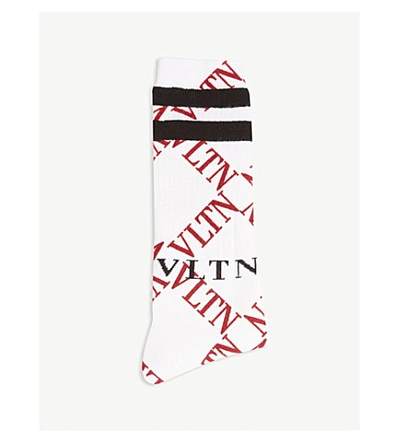 Shop Valentino Mens White And Red Vltn Grid Cotton Socks In White Red