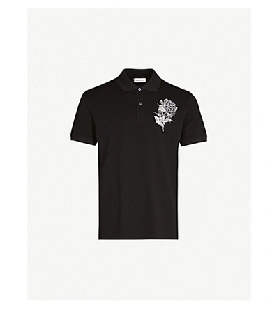 Shop Alexander Mcqueen Skull Rose-embroidered Cotton-piqué Polo Shirt In Black