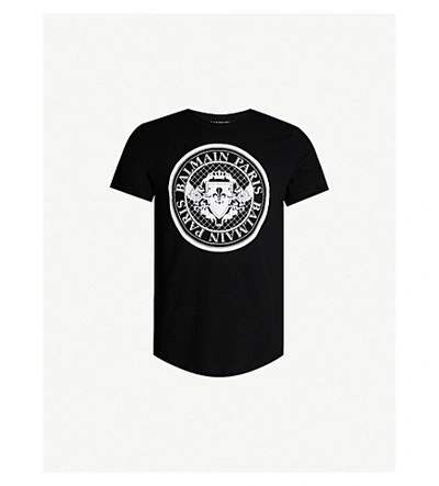 Shop Balmain Coin Logo-flocked Cotton-jersey T-shirt In Black White