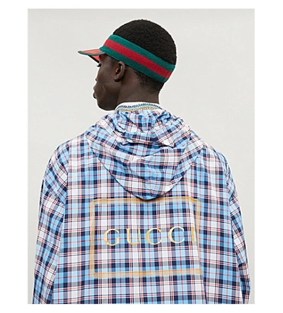 Shop Gucci Checked Shell Hooded Jacket In Sky Red Mc Mix