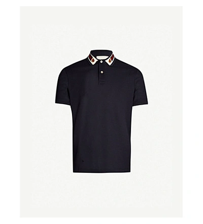 Shop Gucci Logo-taping Cotton-piqué Polo Shirt In Navy