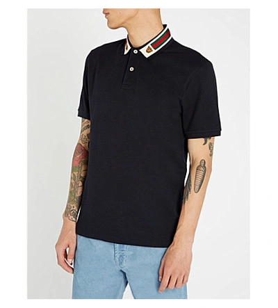 Shop Gucci Logo-taping Cotton-piqué Polo Shirt In Navy
