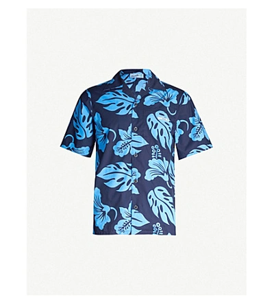 Shop Prada Hibiscus-print Relaxed-fit Cotton Shirt In Navy Blue