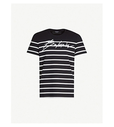 Shop Balmain Striped Logo-print Cotton-jersey T-shirt In Black White