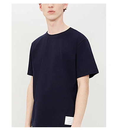 Shop Thom Browne Stripe-trimmed Cotton-jersey T-shirt In Navy