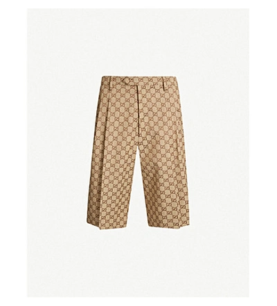 Shop Gucci Gg Logo-pattern Tailored Cotton-blend Shorts In Camel Ebony