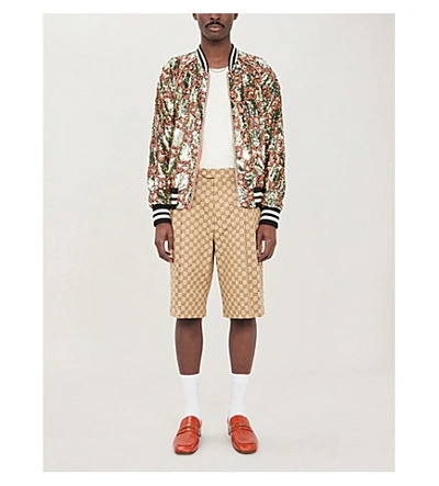 Shop Gucci Gg Logo-pattern Tailored Cotton-blend Shorts In Camel Ebony