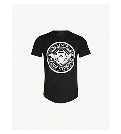 Shop Balmain Coin Logo-print Cotton-jersey T-shirt In Noir/blanc